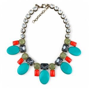 J Crew Rhinestone Statement Necklace Turquoise Coral Yellow and Gray